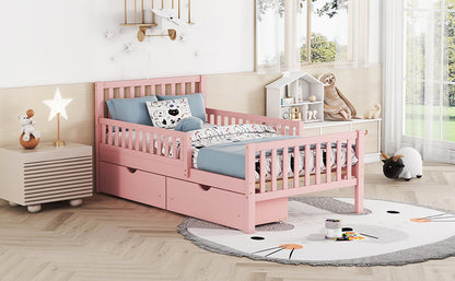 Twin Size Pink Wooden Platform Bed with Safety Guardrails and Dual Storage Drawers