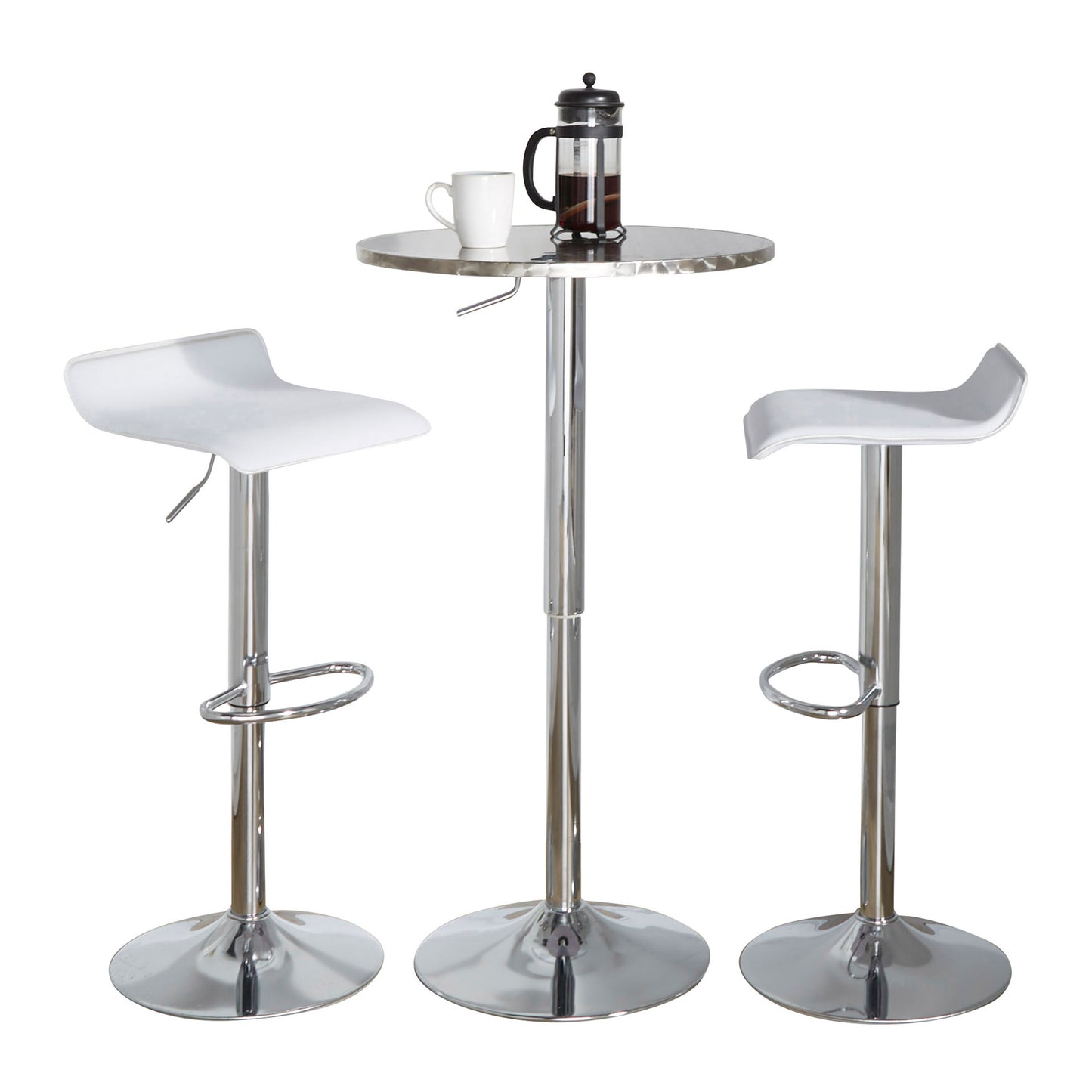 Round Bistro Adjustable 3-Piece Bar Set for Home Bar with Oval Footrest, Metal PVC, Silver Chrome