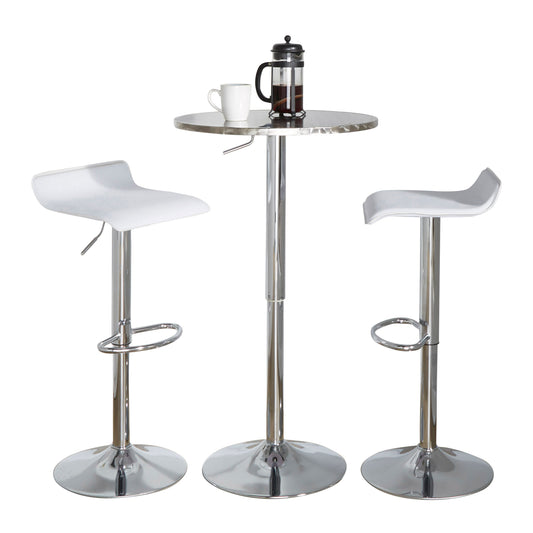 Round Bistro Adjustable 3-Piece Bar Set for Home Bar with Oval Footrest, Metal PVC, Silver Chrome