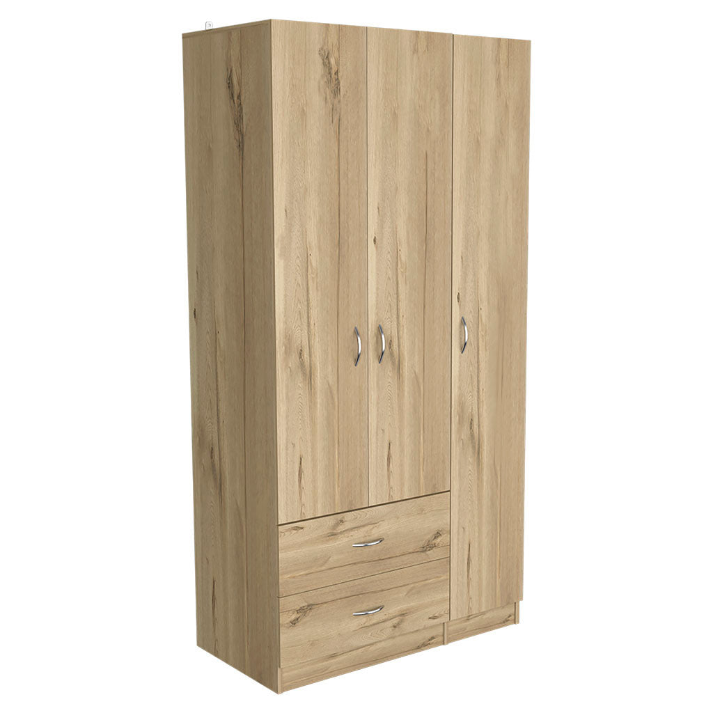 Modern Light Oak & Black 3-Door Armoire with Shelves, Drawers, and Hanging Rod