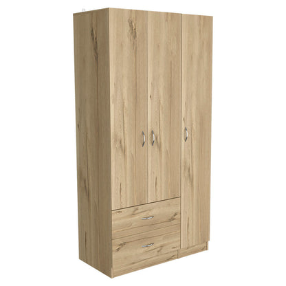 Modern Light Oak & Black 3-Door Armoire with Shelves, Drawers, and Hanging Rod