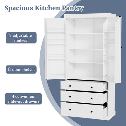 Tall White Farmhouse Kitchen Pantry - 77" Freestanding Storage Cabinet with Adjustable Shelves, Door Shelves, and Drawers