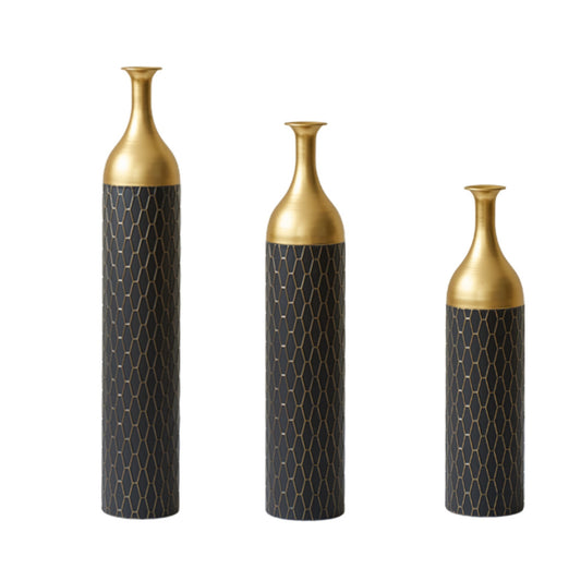 Three-Piece Metal Floor Vase Set for Tall Centerpieces, Cylindrical Design, Home Decor Gold & Black