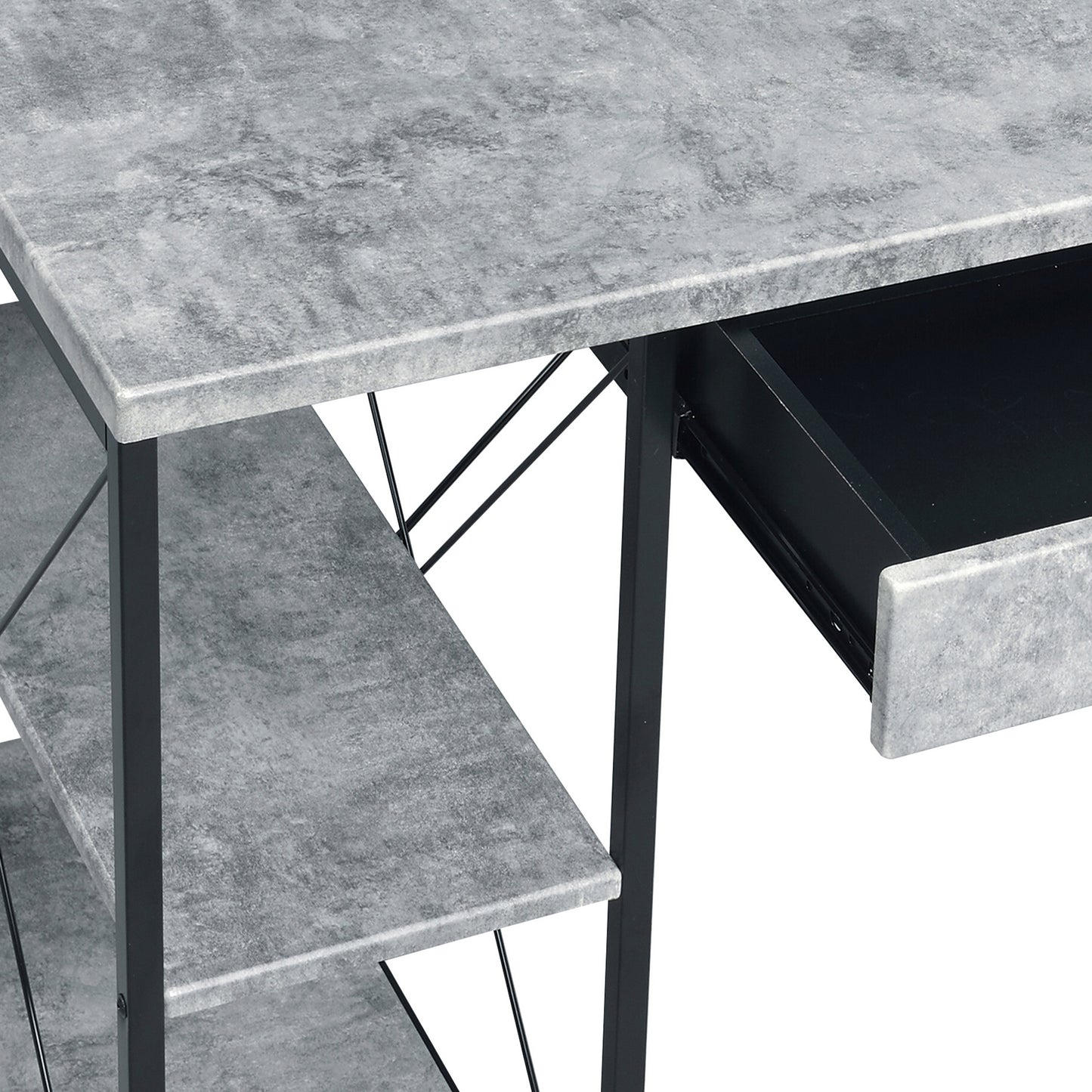 Modern Grey and Black Writing Desk with Open Storage and Hutch