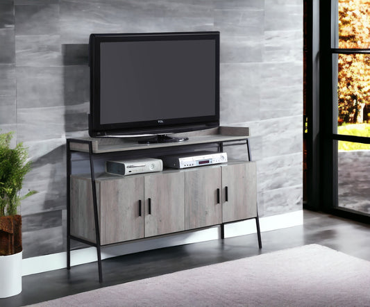 50-Inch TV Stand with 4 Cabinet Doors, Shelf, and Durable Wood-Metal-MDF Build Gray Oak & Black Finish
