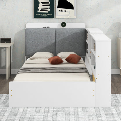 Elegant White Twin Size Platform Bed with Storage Headboard, Shelves, and Drawers