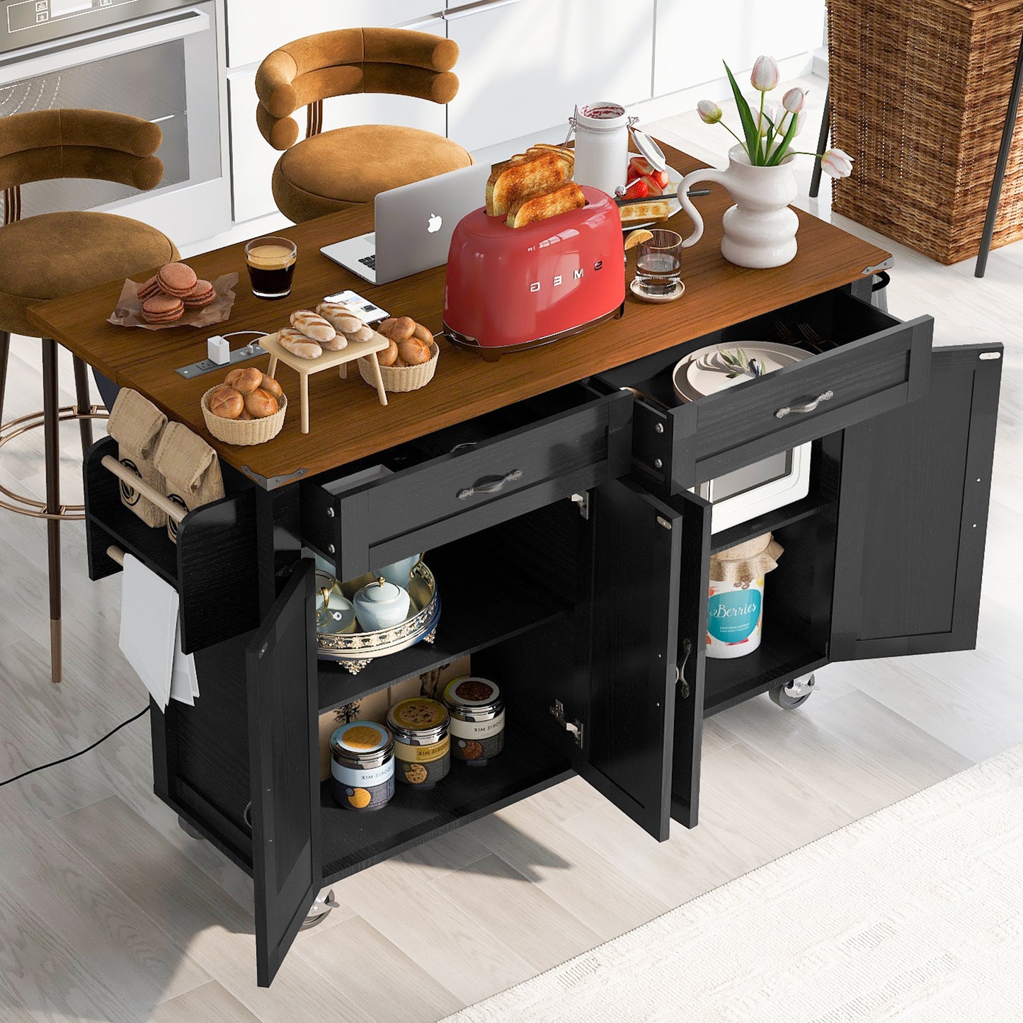 Rolling Farmhouse Kitchen Island with Power Outlet, Drop Leaf Design, Ample Storage, and Spice Rack - Black