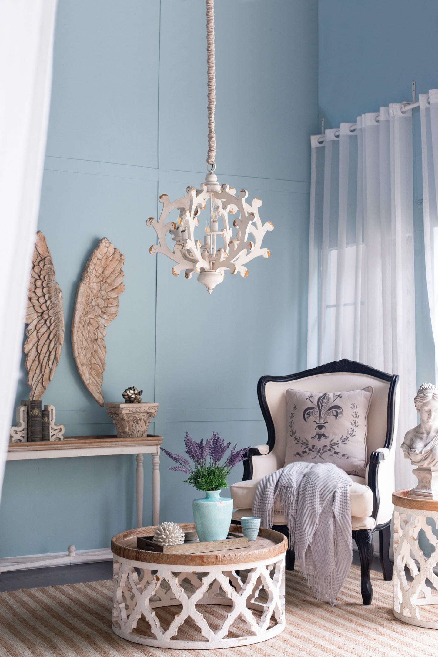 6-Light Wood Chandelier with Adjustable Chain for Kitchen and Dining - Bulbs Not Included Weathered White