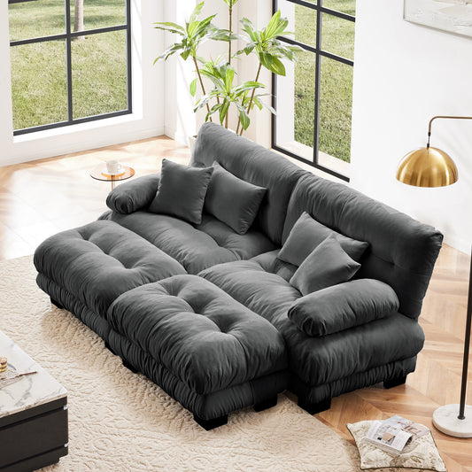 Cloud Sleeper 2-Seat Chenille with 2 Lumbar & 2 Throw Pillows, 2 Ottomans, Wide-Arm Upholstered Sofa Gray