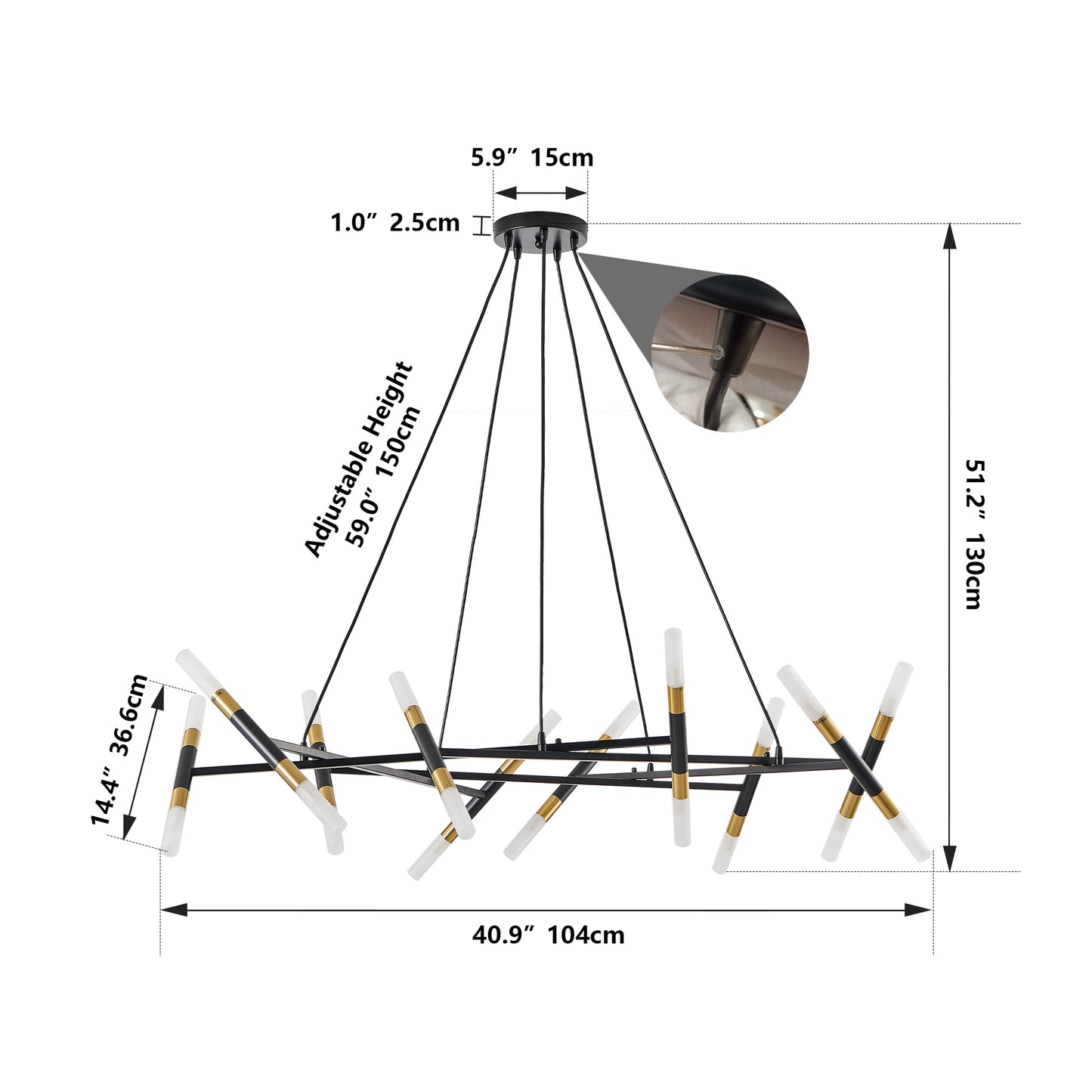 Modern Branch Chandelier with Frosted Tubes, Adjustable Pendant for Dining and Living Rooms Black & Gold