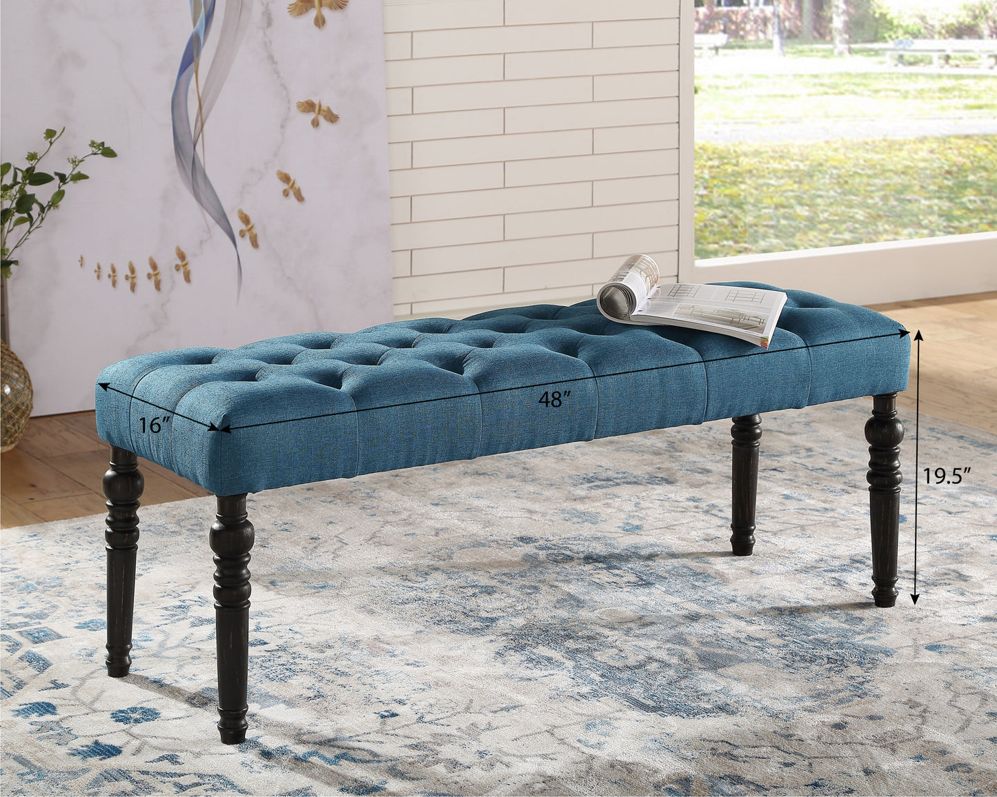 Solid Wood Dining Bench with Turned Legs, Button-Tufted Fabric Seat, 48W x 16D x 19.5H, Dining Room Seating, Blue