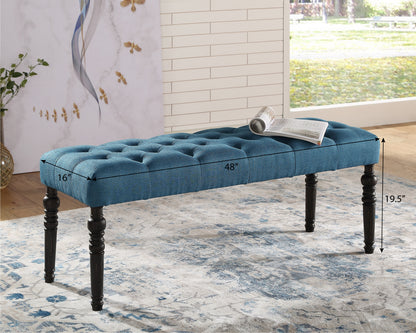 Solid Wood Dining Bench with Turned Legs, Button-Tufted Fabric Seat, 48W x 16D x 19.5H, Dining Room Seating, Blue