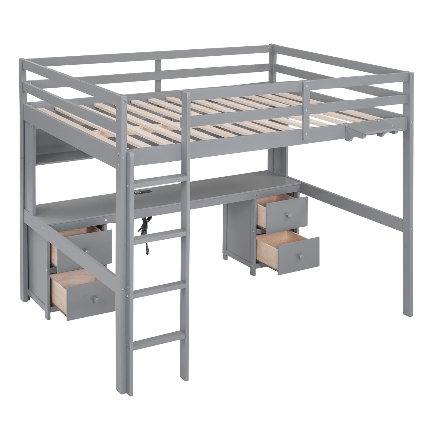 Gray Full Size Loft Bed with Integrated Desk, Storage Solutions, and Charging Station