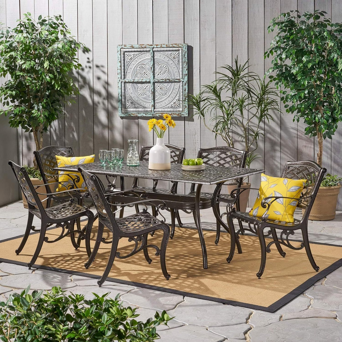 6-Person Outdoor Metal Dining Set with Rectangular Table - Aluminum Frame, Weather-Resistant Bronze