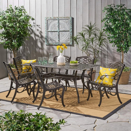 6-Person Outdoor Metal Dining Set with Rectangular Table - Aluminum Frame, Weather-Resistant Bronze