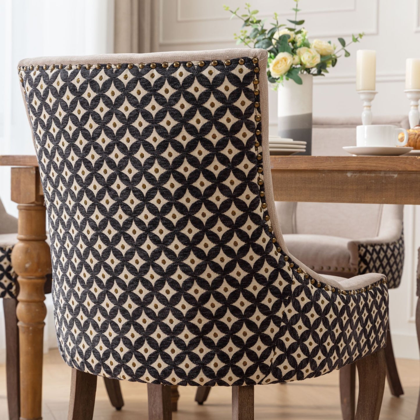 A&A Furniture, Ultra Side Dining Chair, Thickened fabric chairs with neutrally toned solid wood legs, Bronze nail head, Set of 2, Beige and Patterned,SW2207BG