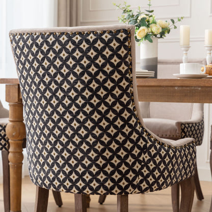 A&A Furniture, Ultra Side Dining Chair, Thickened fabric chairs with neutrally toned solid wood legs, Bronze nail head, Set of 2, Beige and Patterned,SW2207BG