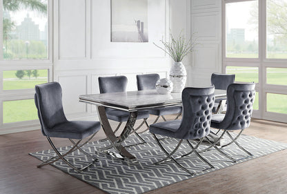 2 Velvet Dining Chairs with Button-Tufted Upholstery, Chrome Frame, 20.75W x 26.5D x 38H, Glam, Gray