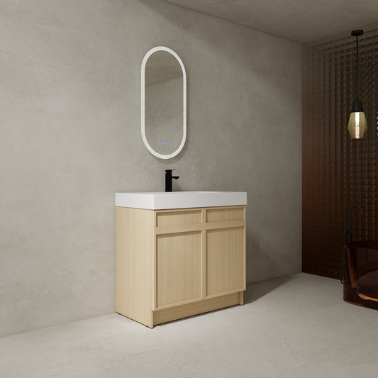 Modern 36" Freestanding Oak Bathroom Vanity with Soft-Close Doors & Integrated White Resin Sink