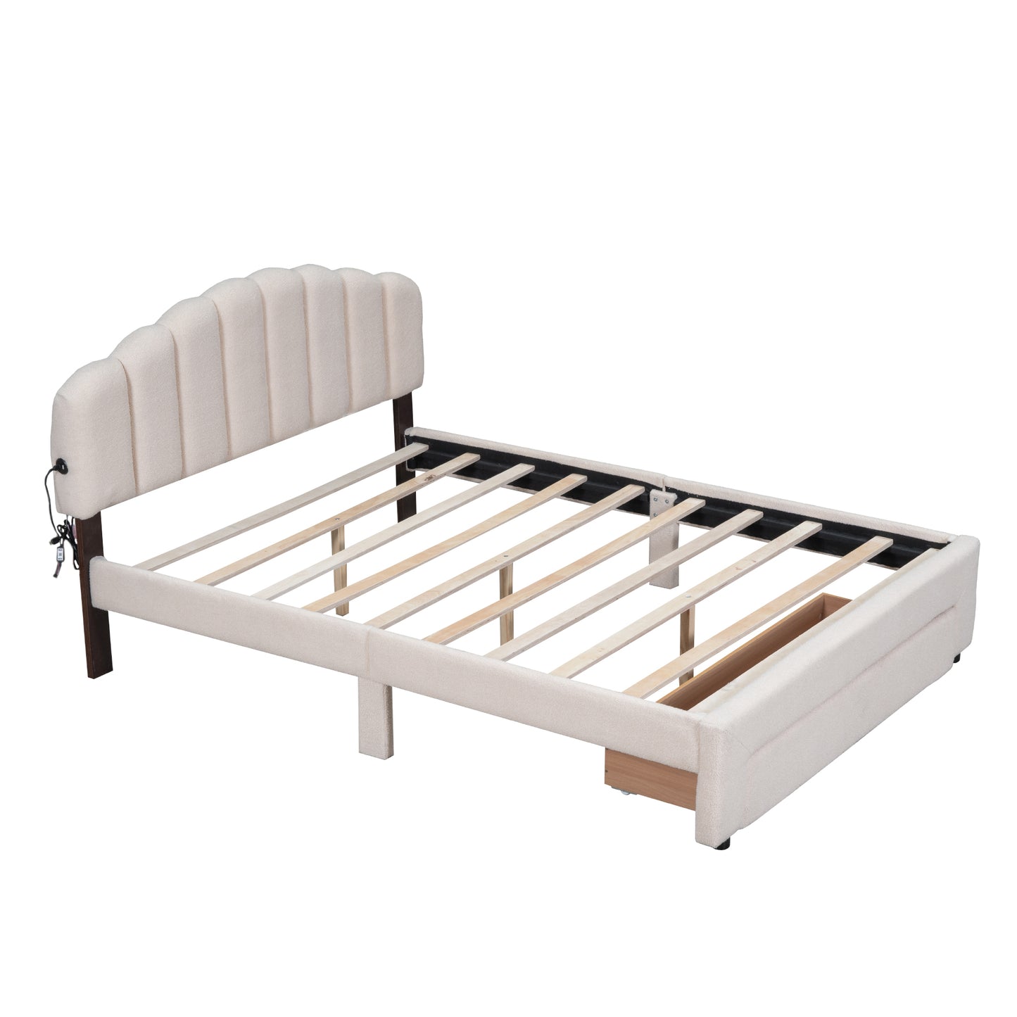 Beige Teddy Fleece Queen Upholstered Platform Bed with Storage Drawer
