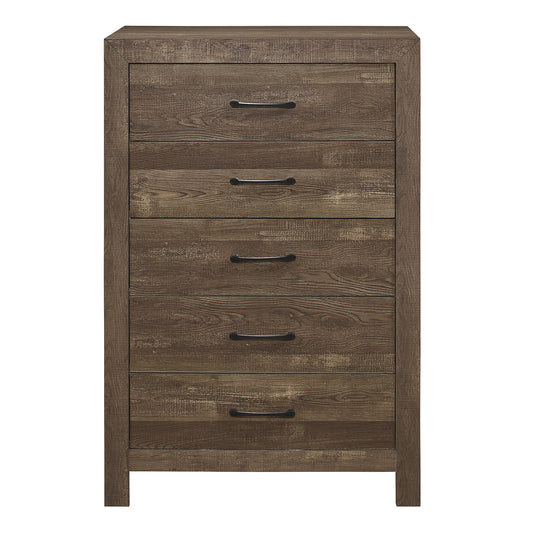 Rustic Elegance 5-Drawer Chest with Black Metal Accents for Bedroom Storage