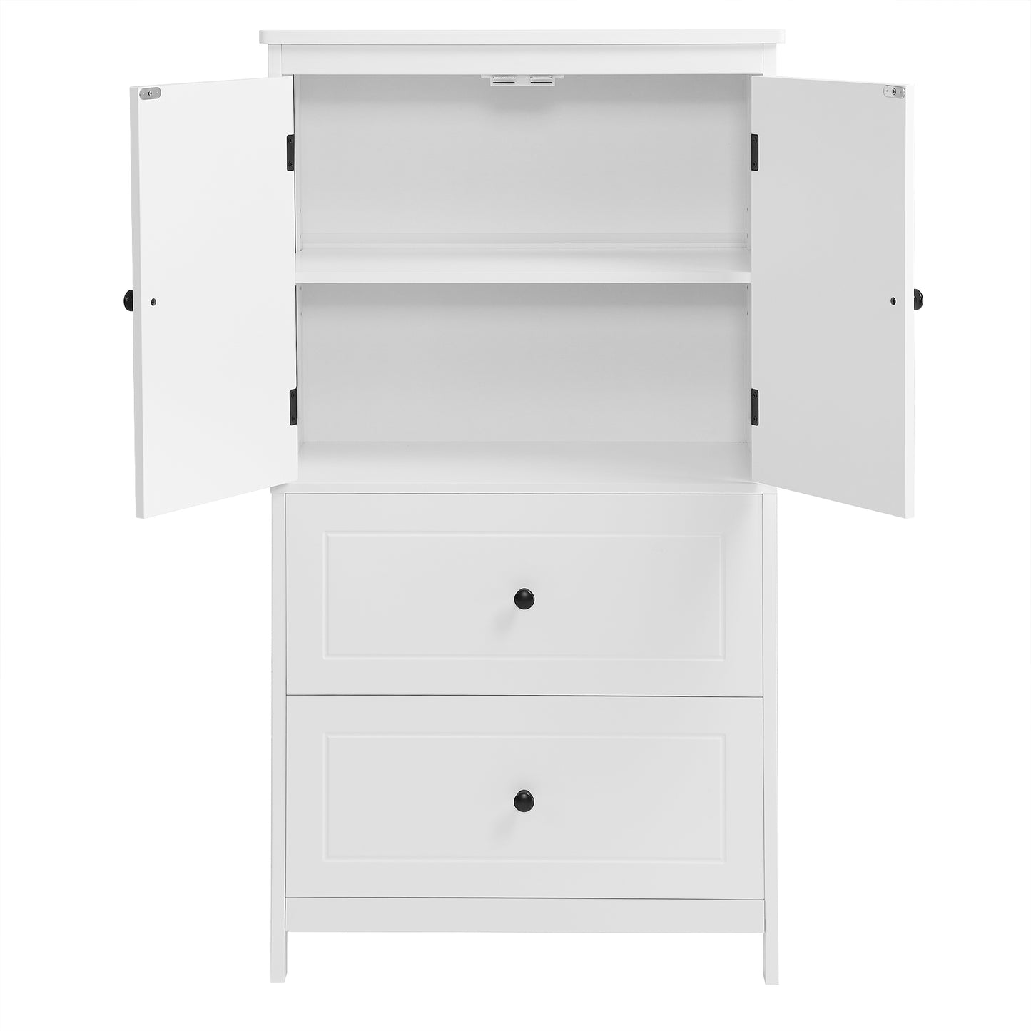 White MDF Bathroom Storage Cabinet with Adjustable Shelves, Two Doors, and Drawers