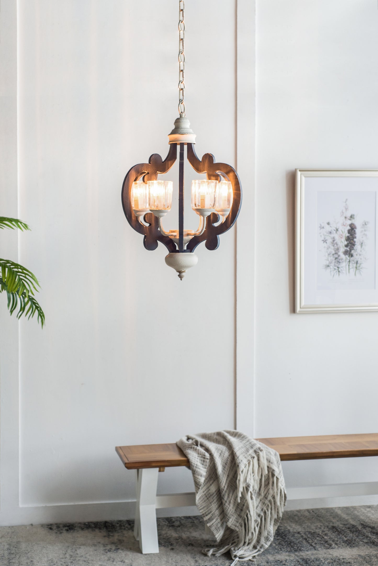 6-Light Wood Chandelier, Farmhouse Pendant for Kitchen, Living, Bulb Not Included, Navy Blue and White Finish