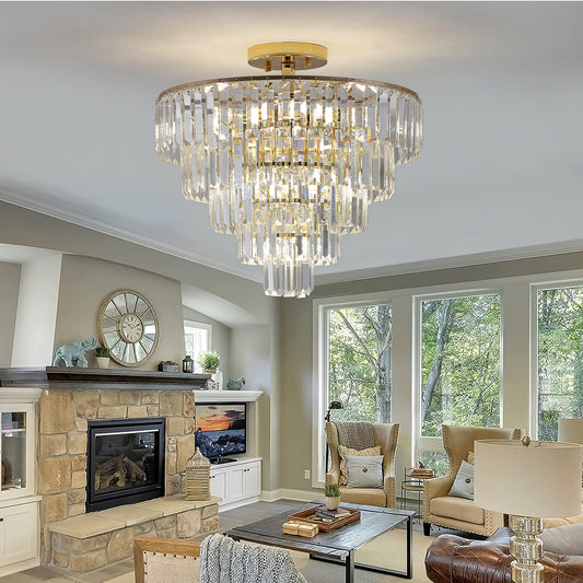 5-Tier Round Crystal Chandelier, Semi-Flush Mount, Living Room/Dining Hallway, 19.3x19.7in, Gold
