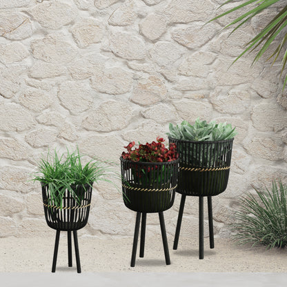 Set of 3 Bamboo Footed Planters 11x11x19 13x13x23 15x15x27 in Indoor Pots No Drainage Holes Black