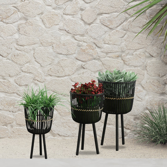 Set of 3 Bamboo Footed Planters 11x11x19 13x13x23 15x15x27 in Indoor Pots No Drainage Holes Black