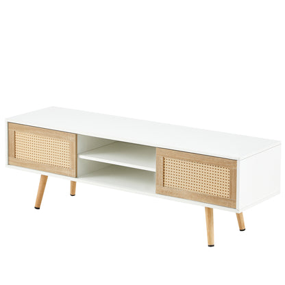 Modern Rattan TV Stand with Double Sliding Doors, 55.12-Inch, Adjustable Shelf, Solid Wood Legs, MDF, White