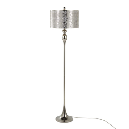 63-Inch Metal Floor Lamp with Laser Cut Metal, White Linen Shade, 3-Way Switch, Polished Nickel