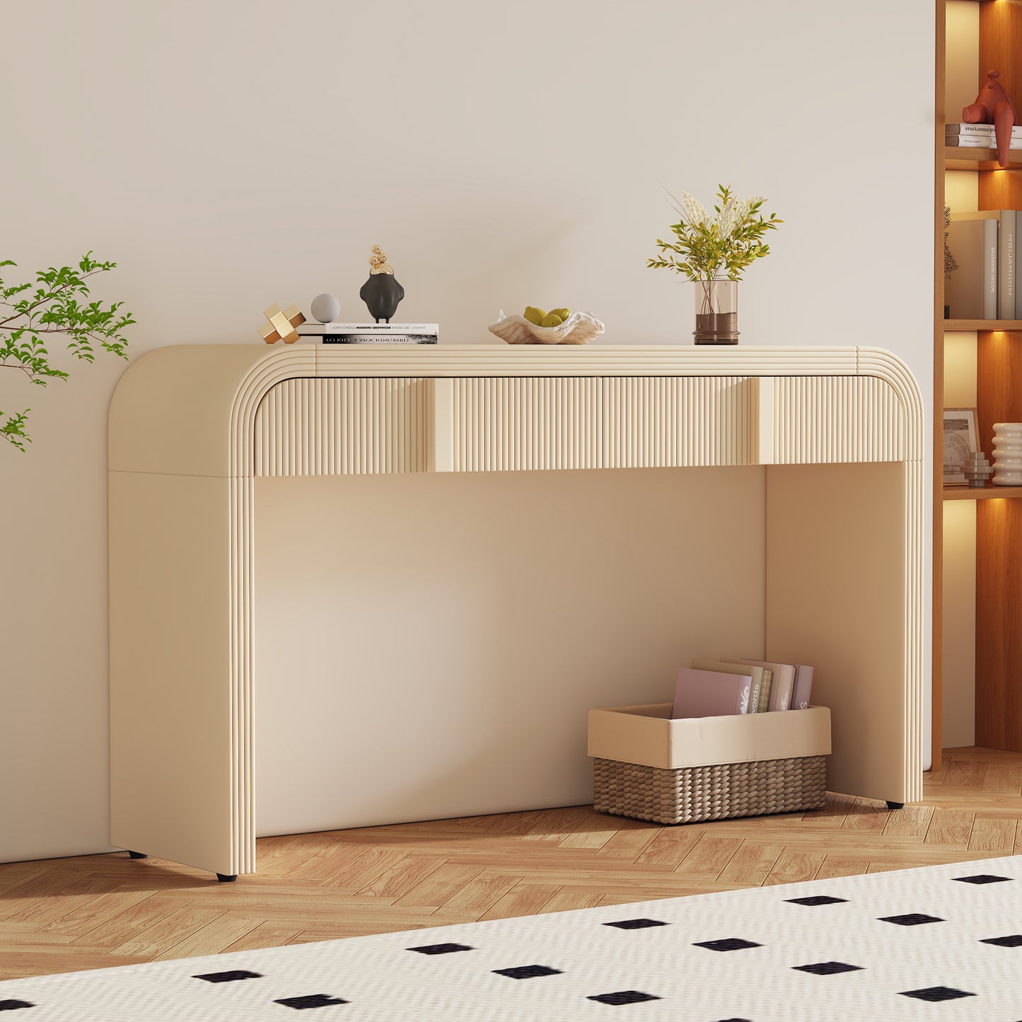 Modern Console Table with 2 Drawers, 55in Long, Glossy MDF, Grooved Fronts for Entryway and Living Room Apricot Cream