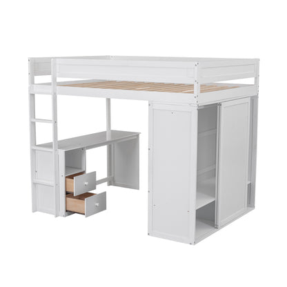 Space-Saving White Wood Loft Bed with Integrated Wardrobes and 2-Drawer Desk