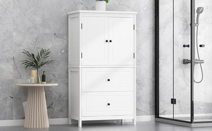White MDF Bathroom Storage Cabinet with Adjustable Shelves, Two Doors, and Drawers