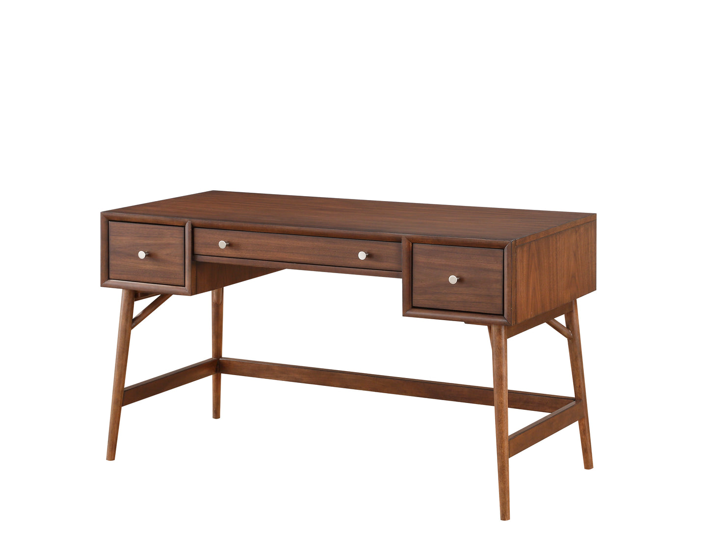 Mid-Century Modern Walnut Veneer Writing Desk with Storage Drawers and Nickel Knob Accents