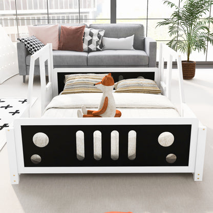 Classic Car-Themed Full Size Platform Bed with Wheels in White