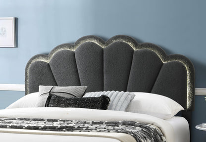 Elegant Charcoal Wool Floral Queen Bedframe with LED Lighted Headboard