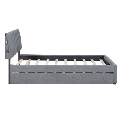 Luxurious Gray Upholstered Full Size Platform Bed with Twin Trundle and LED Lights
