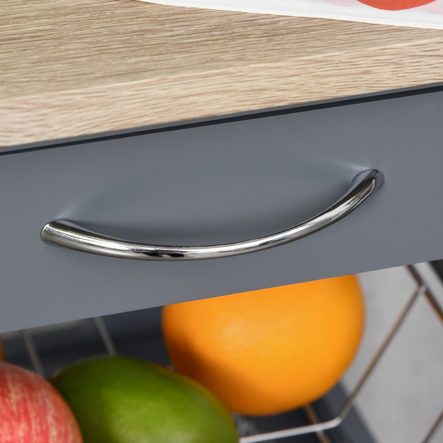 Compact Grey Kitchen Island Trolley With Slide Out Basket