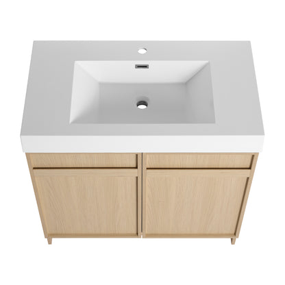 Modern 36" Freestanding Oak Bathroom Vanity with Soft-Close Doors & Integrated White Resin Sink