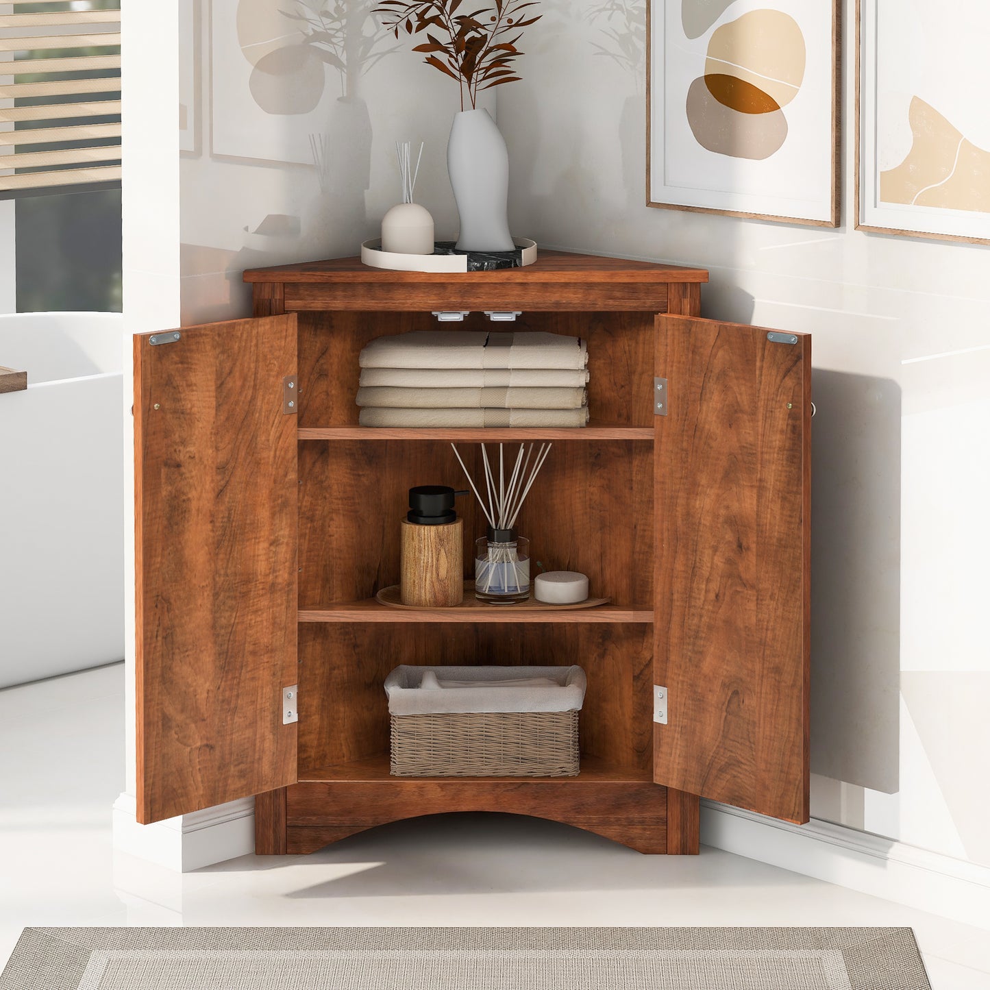 Brown Modern Triangle Corner Storage Cabinet with Adjustable Shelving for Home and Kitchen