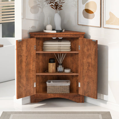 Brown Modern Triangle Corner Storage Cabinet with Adjustable Shelving for Home and Kitchen