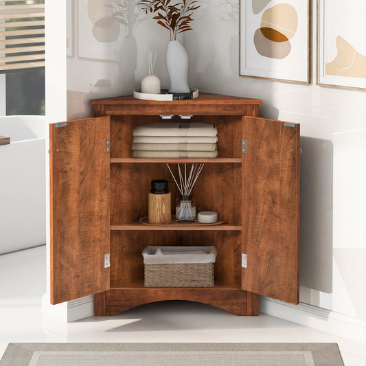 Brown Modern Triangle Corner Storage Cabinet with Adjustable Shelving for Home and Kitchen