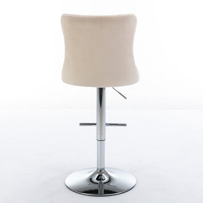 Swivel Velvet Bar Stools Adjustable Height Beige Chrome Base