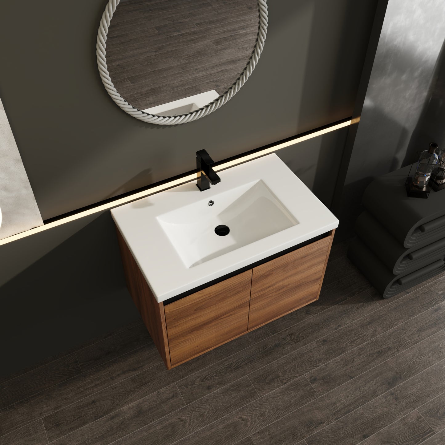 30-Inch LEVISTAR Brown Engineered Wood Bathroom Vanity with Resin Sink and Dual Door Storage Cabinet
