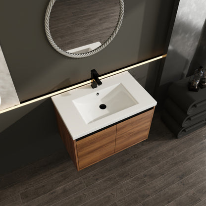 30-Inch LEVISTAR Brown Engineered Wood Bathroom Vanity with Resin Sink and Dual Door Storage Cabinet