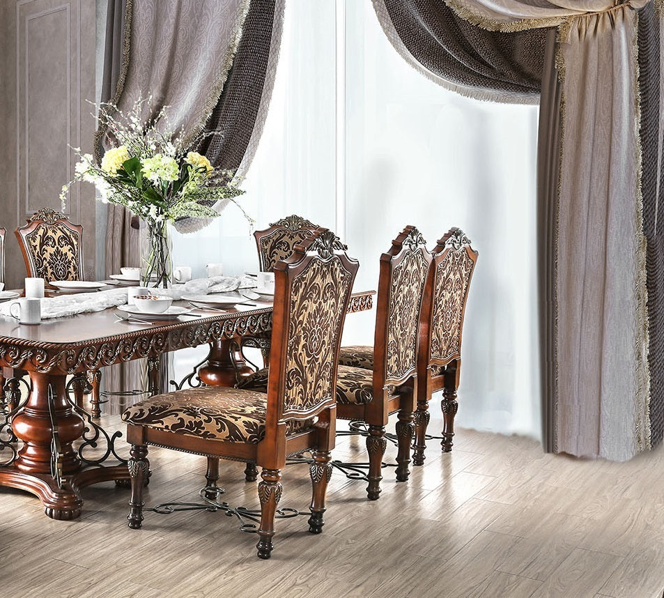 2-Pack Traditional Dining Chairs - Solid Wood, Carved Back, Floral Fabric Seats, Dining Room Brown Cherry