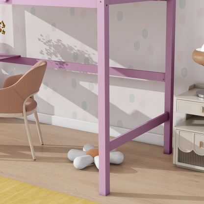 Pink Twin High Loft Bed with Built-in Desk and Safety Guardrails - Rubber Wood Design