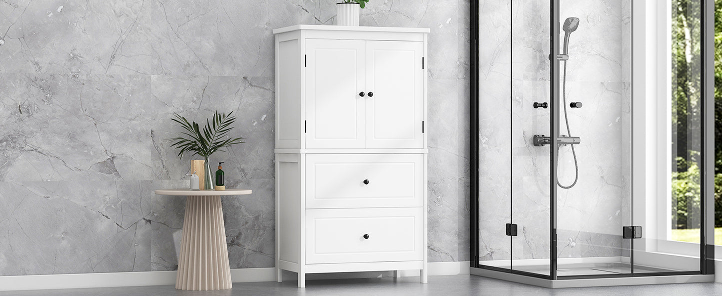 White MDF Bathroom Storage Cabinet with Adjustable Shelves, Two Doors, and Drawers